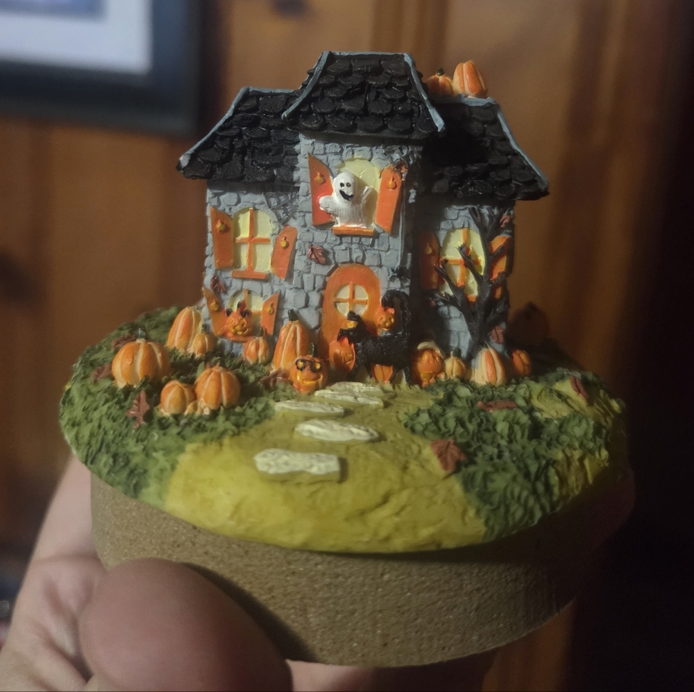 Halloween Haunted House Miniature with Pumpkins and Ghost Candle Base